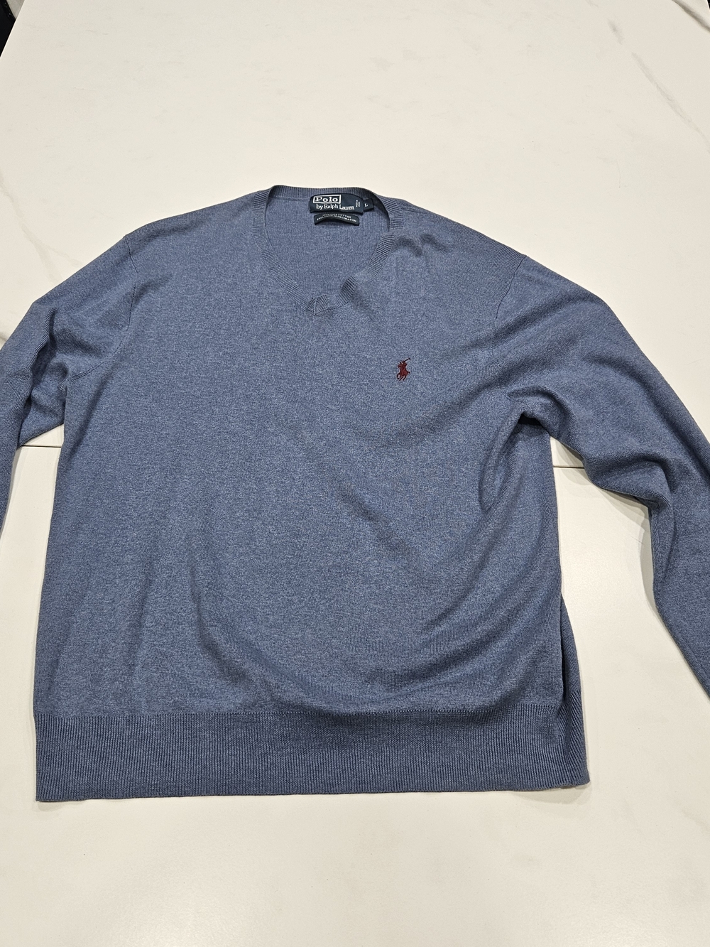 Vintage Ralph Lauren Men's Slate Blue V-Neck Sweater with Red Polo Logo